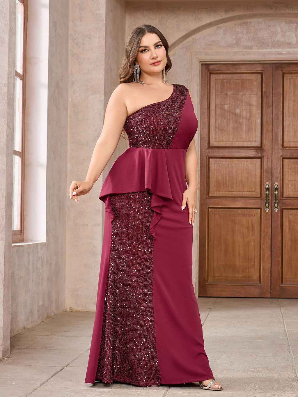 Women’s Emerald Green Elegant Sequin One Shoulder Sleeveless Mermaid Maxi Dress with Asymmetric Ruffle and Colorblock Detail