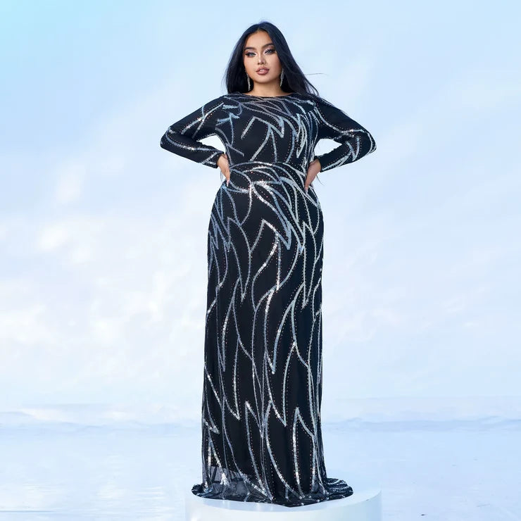 Women’s Black and Bronze Elegant Sequin Mesh Round Neck Long Sleeve Column Maxi Dress with Geometric Pattern