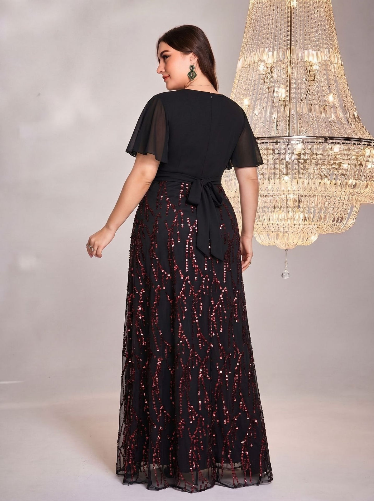 Women's Plus Size Burgundy Sequin V-Neck Flutter Sleeve A-Line Maxi Evening Dress