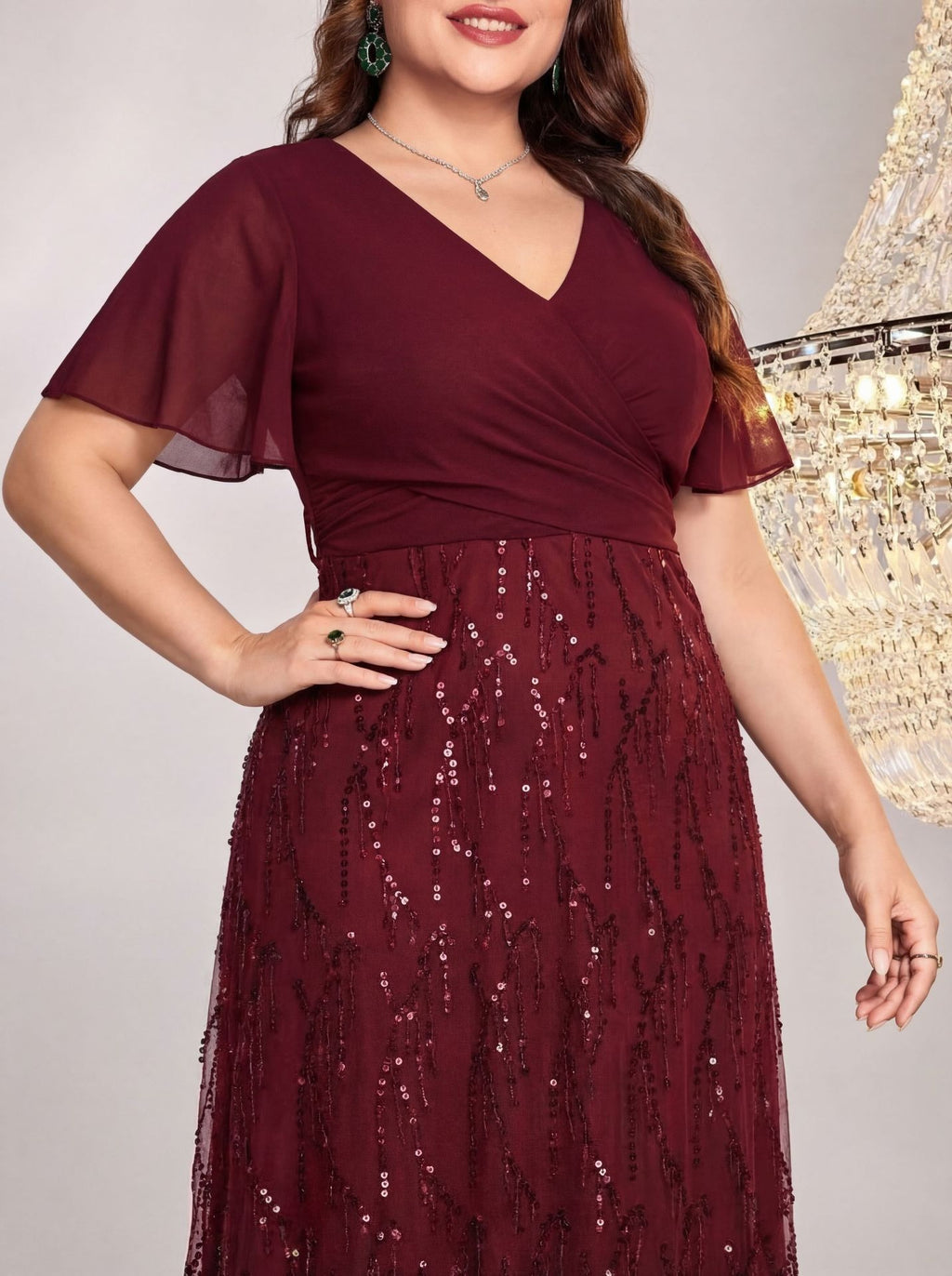 Women's Plus Size Burgundy Sequin V-Neck Flutter Sleeve A-Line Maxi Evening Dress
