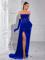 Women's Glamorous Black Strapless Velvet Sheer Corset High Slit Maxi Evening Dress
