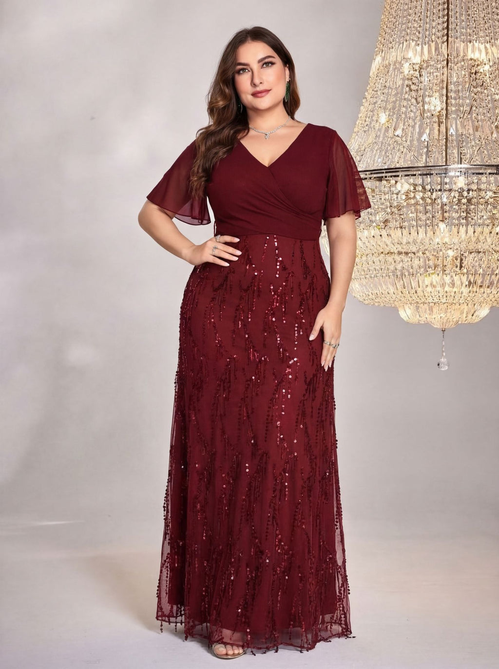 Women's Plus Size Burgundy Sequin V-Neck Flutter Sleeve A-Line Maxi Evening Dress