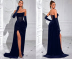 Women's Glamorous Black Strapless Velvet Sheer Corset High Slit Maxi Evening Dress