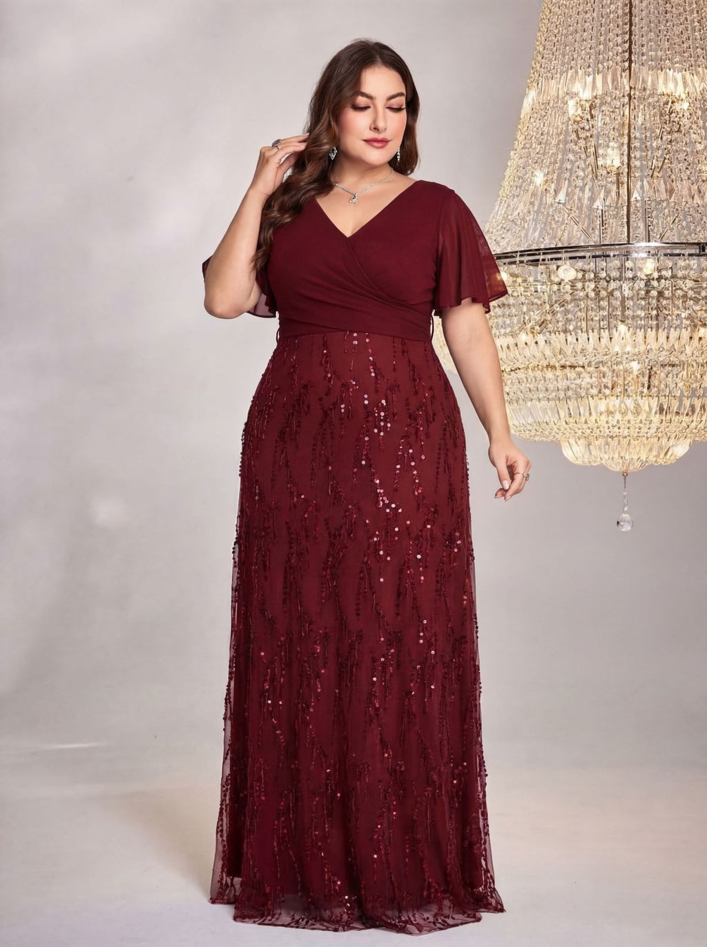 Women's Plus Size Burgundy Sequin V-Neck Flutter Sleeve A-Line Maxi Evening Dress