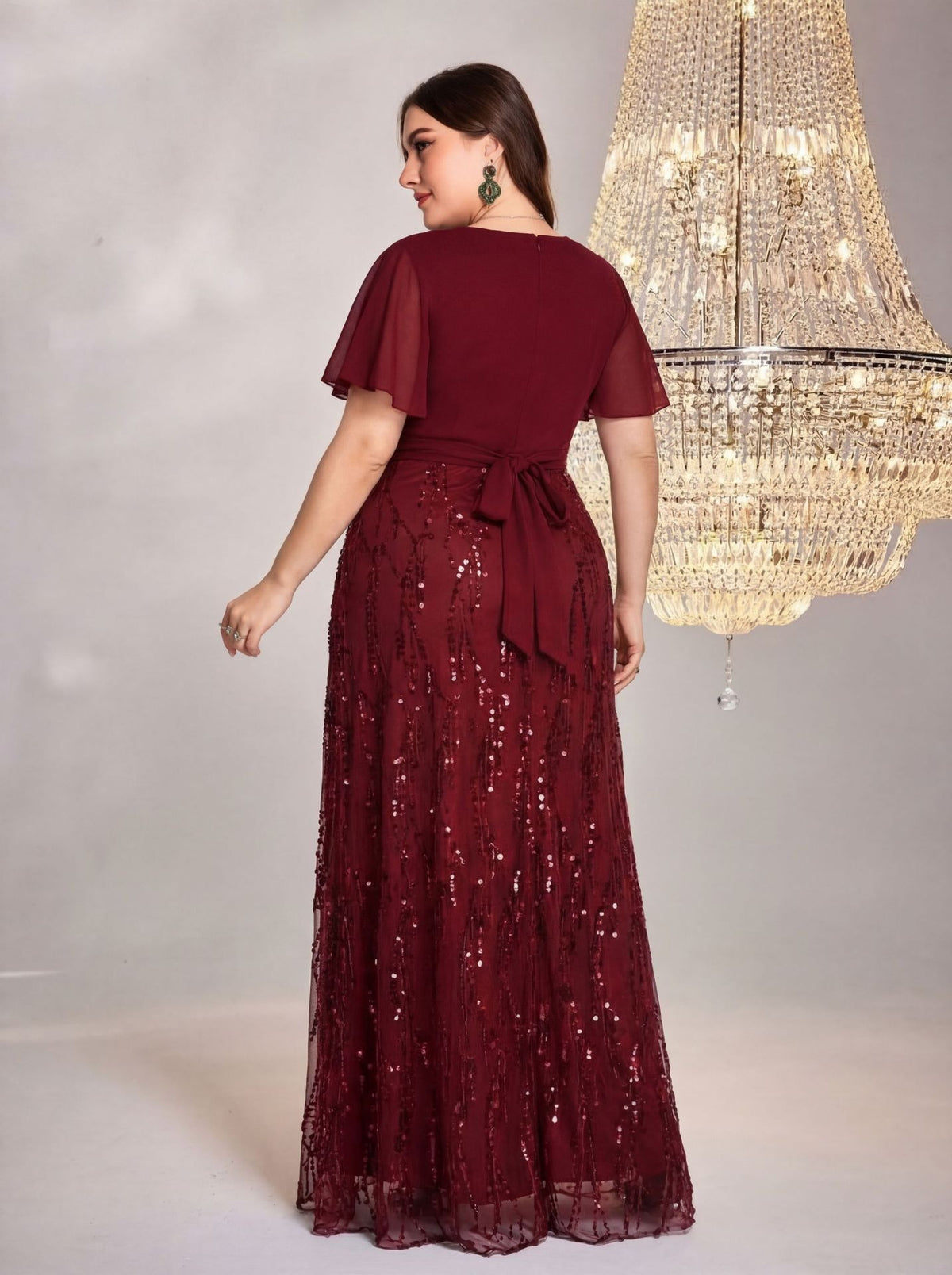 Women's Plus Size Burgundy Sequin V-Neck Flutter Sleeve A-Line Maxi Evening Dress