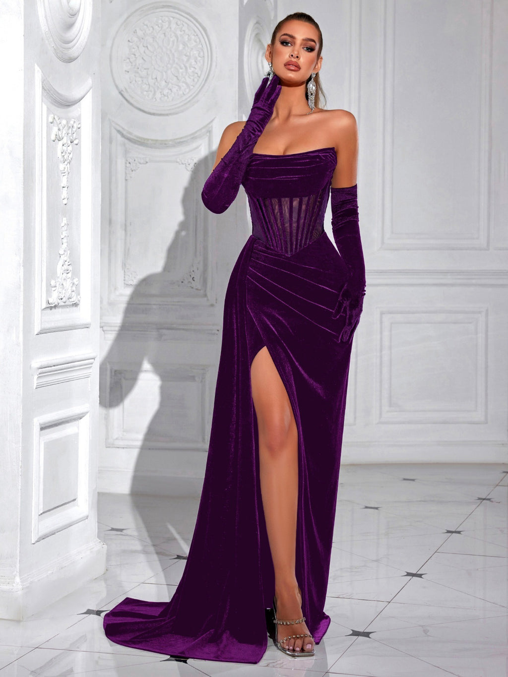 Women's Glamorous Black Strapless Velvet Sheer Corset High Slit Maxi Evening Dress