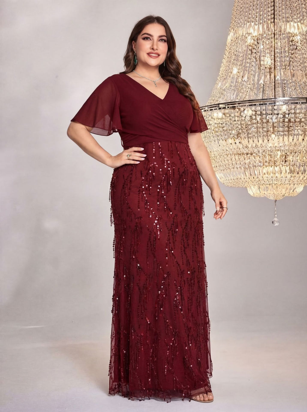 Women's Plus Size Burgundy Sequin V-Neck Flutter Sleeve A-Line Maxi Evening Dress