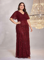 Women's Plus Size Burgundy Sequin V-Neck Flutter Sleeve A-Line Maxi Evening Dress