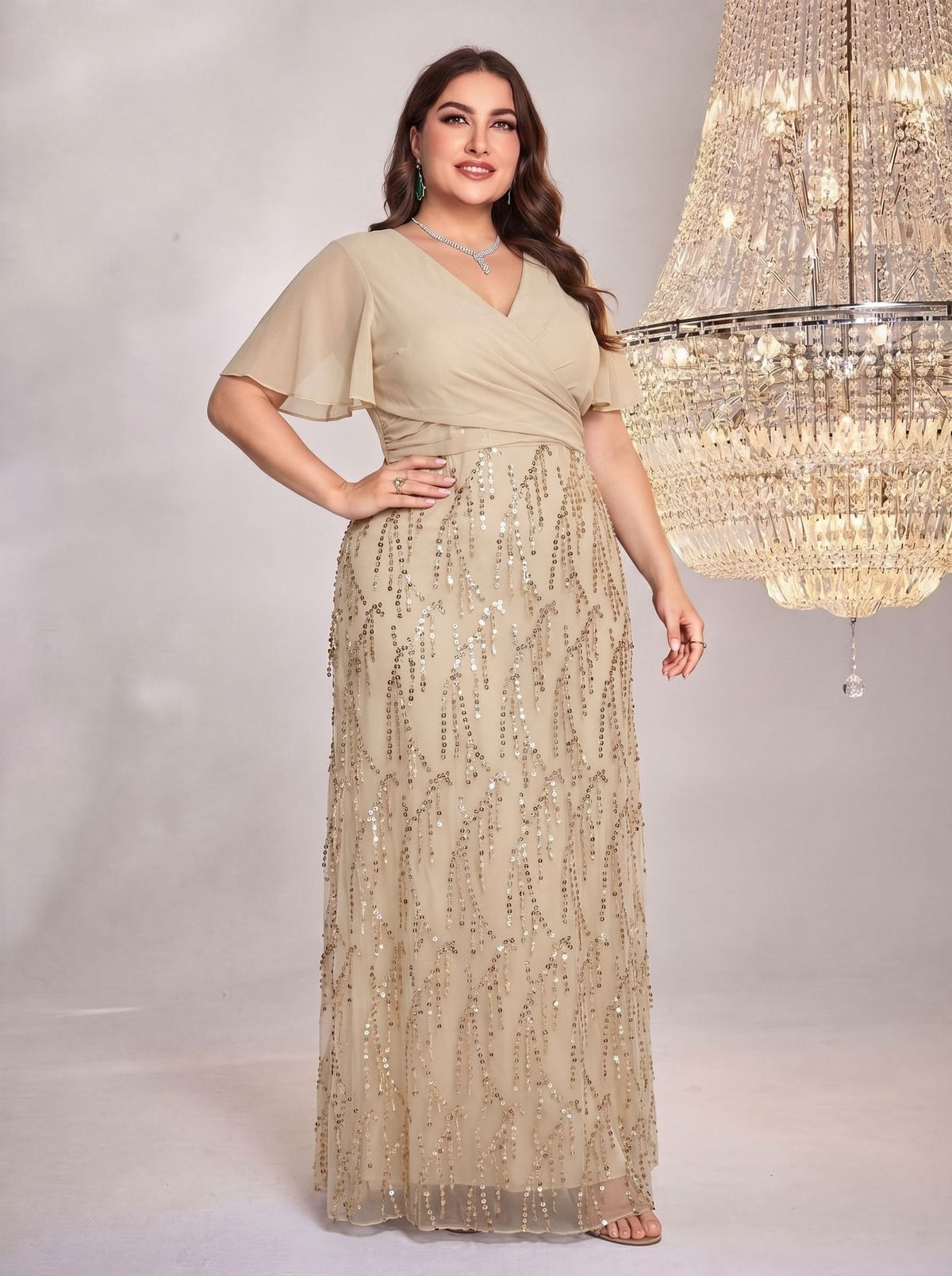 Women's Plus Size Burgundy Sequin V-Neck Flutter Sleeve A-Line Maxi Evening Dress
