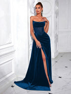 Women's Glamorous Black Strapless Velvet Sheer Corset High Slit Maxi Evening Dress