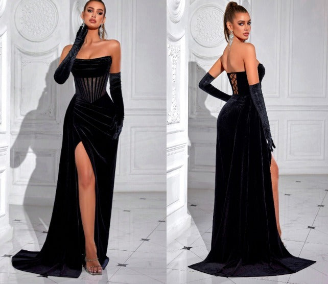 Women's Glamorous Black Strapless Velvet Sheer Corset High Slit Maxi Evening Dress