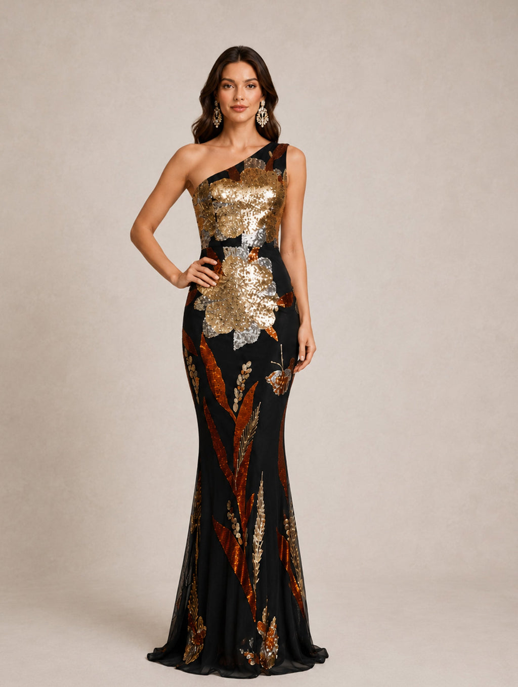 Women’s Black Gold Glamorous Sequin One-Shoulder Sleeveless Fitted Maxi Dress with Floral Detail