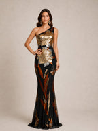Women’s Black Gold Glamorous Sequin One-Shoulder Sleeveless Fitted Maxi Dress with Floral Detail