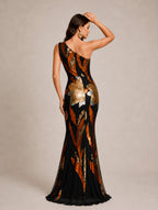 Women’s Black Gold Glamorous Sequin One-Shoulder Sleeveless Fitted Maxi Dress with Floral Detail