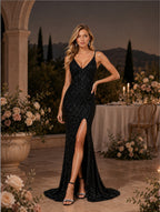 Women’s Black Glamorous Rhinestone V-Neck Spaghetti Strap Regular Maxi Prom Dress with High Slit