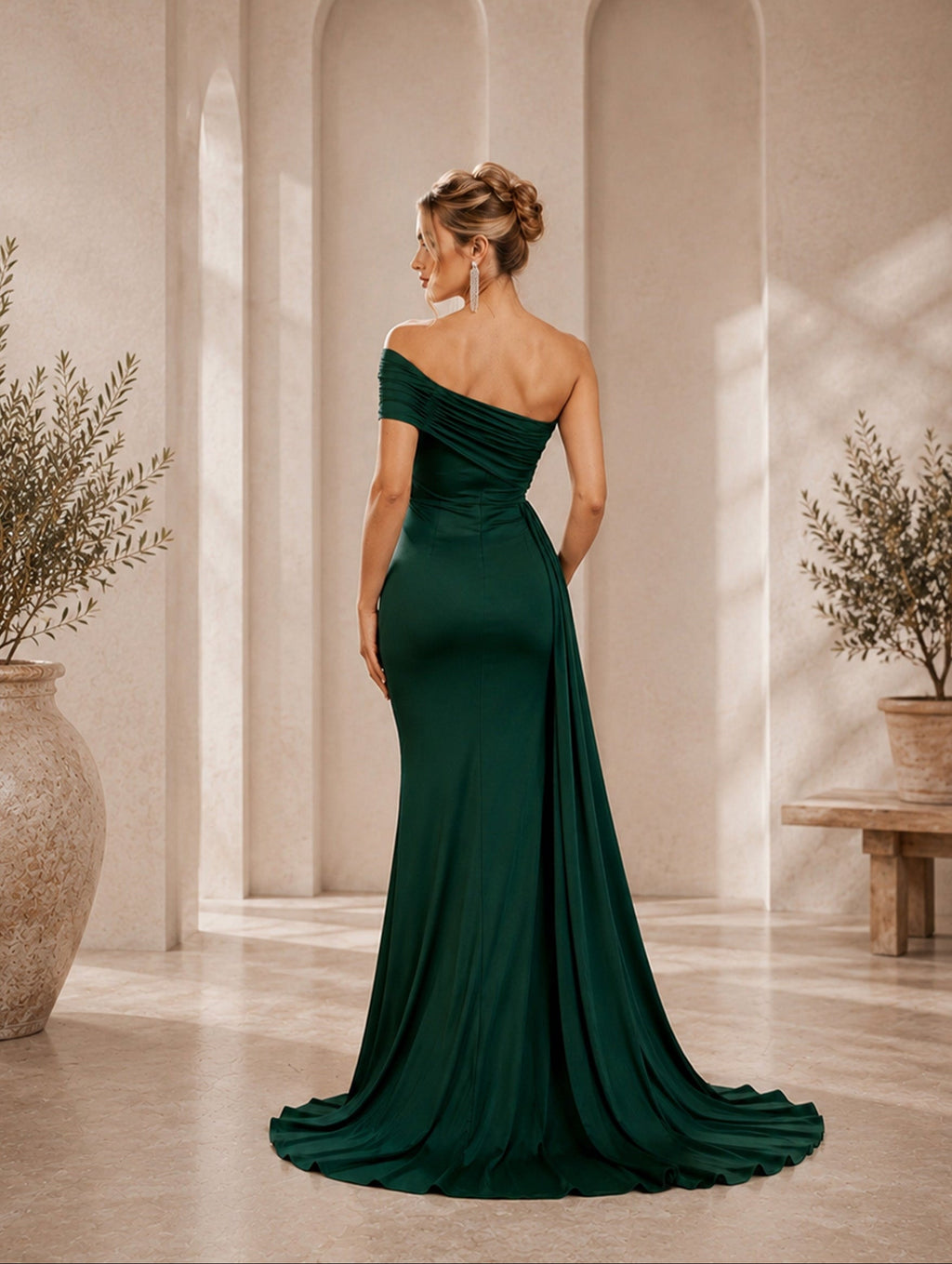 Women’s Dark Green Elegant One-Shoulder Sleeveless Tailored Maxi Dress