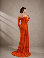 Women’s Orange Glamorous Sequin Off-Shoulder Long Sleeve Tailored Maxi Dress