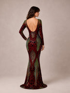 Women’s Red Green Glamorous Sequin Round Neck Long Sleeve Fitted Mermaid Maxi Dress with Open Back