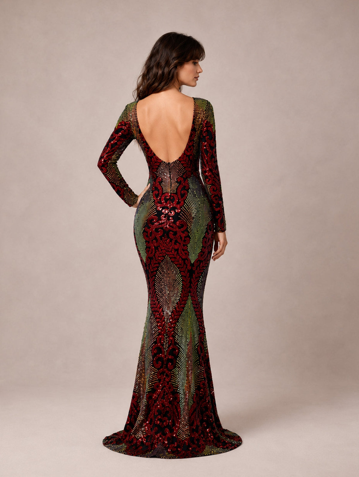 Women’s Red Green Glamorous Sequin Round Neck Long Sleeve Fitted Mermaid Maxi Dress with Open Back