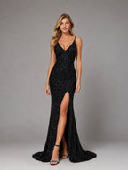 Women’s Black Glamorous Rhinestone V-Neck Spaghetti Strap Regular Maxi Prom Dress with High Slit