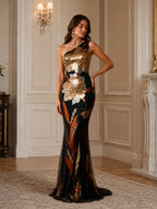 Women’s Black Gold Glamorous Sequin One-Shoulder Sleeveless Fitted Maxi Dress with Floral Detail