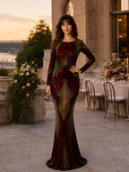 Women’s Red Green Glamorous Sequin Round Neck Long Sleeve Fitted Mermaid Maxi Dress with Open Back