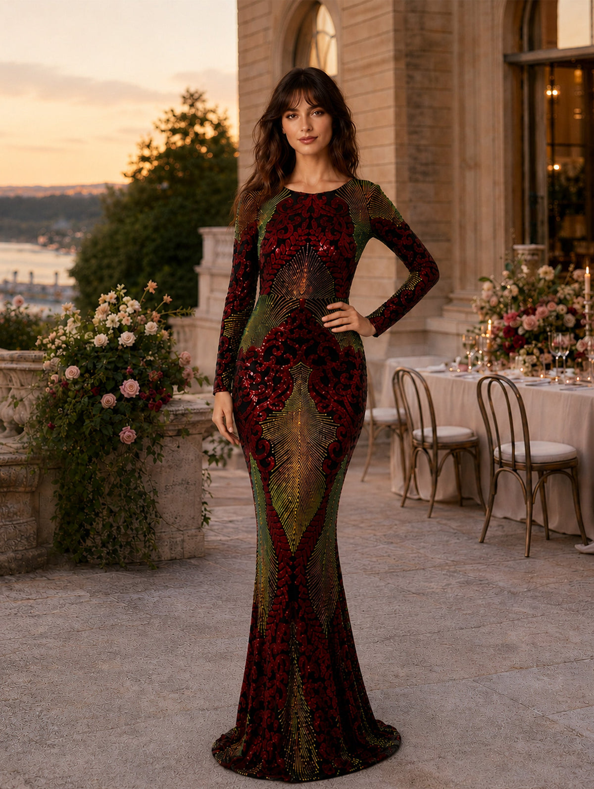 Women’s Red Green Glamorous Sequin Round Neck Long Sleeve Fitted Mermaid Maxi Dress with Open Back