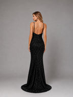 Women’s Black Glamorous Rhinestone V-Neck Spaghetti Strap Regular Maxi Prom Dress with High Slit