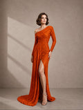 Women’s Orange Glamorous Sequin Off-Shoulder Long Sleeve Tailored Maxi Dress