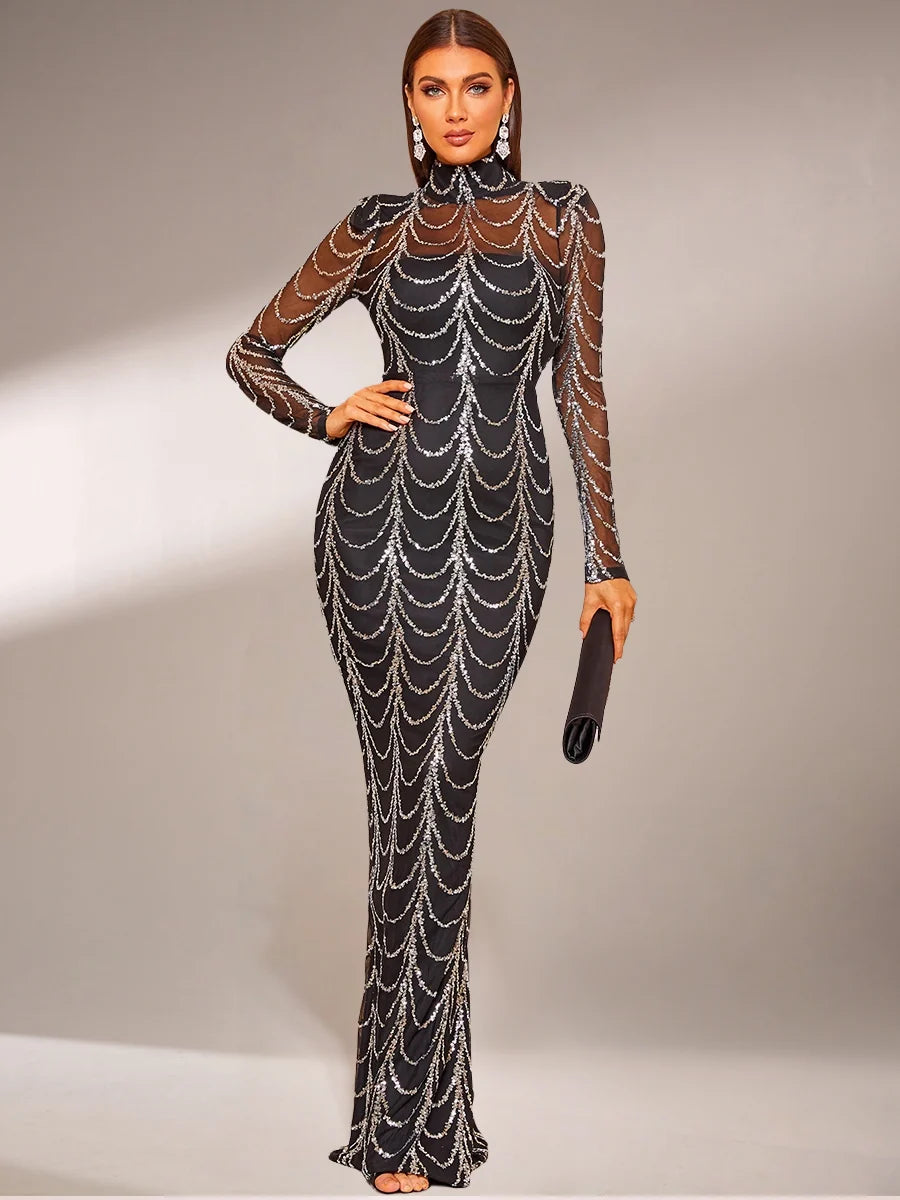 Women’s Black Luxury Sequin Mesh High Neck Long Sleeve Mermaid Maxi Dress with Draped Crystal Pattern