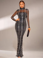 Women’s Black Luxury Sequin Mesh High Neck Long Sleeve Mermaid Maxi Dress with Draped Crystal Pattern