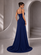 Women’s Navy Elegant Sweetheart Spaghetti Strap Tailored Maxi Dress with Side Slit
