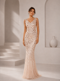Women’s Champagne Glamorous Sequin V-Neck Beaded Shoulder Cap Sleeve Fitted Maxi Dress
