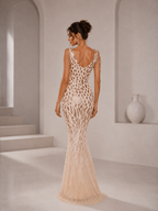 Women’s Champagne Glamorous Sequin V-Neck Beaded Shoulder Cap Sleeve Fitted Maxi Dress
