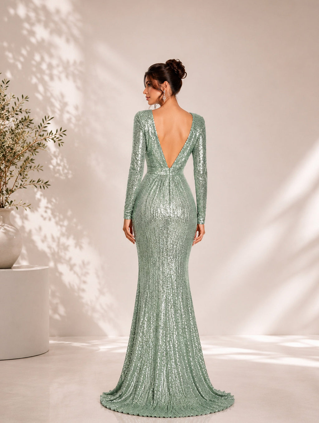 Women’s Mint Green Glamorous Sequin Boat Neck Long Sleeve Fitted Maxi Dress with Open Back