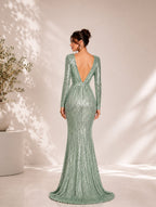 Women’s Mint Green Glamorous Sequin Boat Neck Long Sleeve Fitted Maxi Dress with Open Back