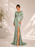 Women’s Mint Green Glamorous Sequin Boat Neck Long Sleeve Fitted Maxi Dress with Open Back