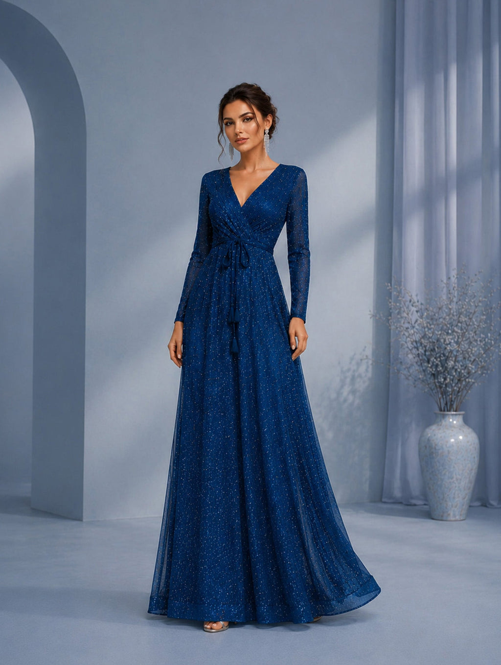 Elegantes, marineblaues, glitzerndes Maxikleid mit V-Ausschnitt und langen Ärmeln für Damen