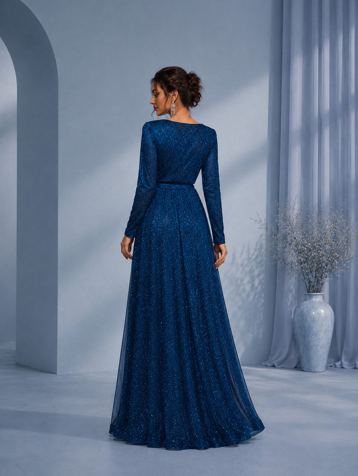Women’s Navy Elegant Glitter V-Neck Long Sleeve Regular Maxi Dress