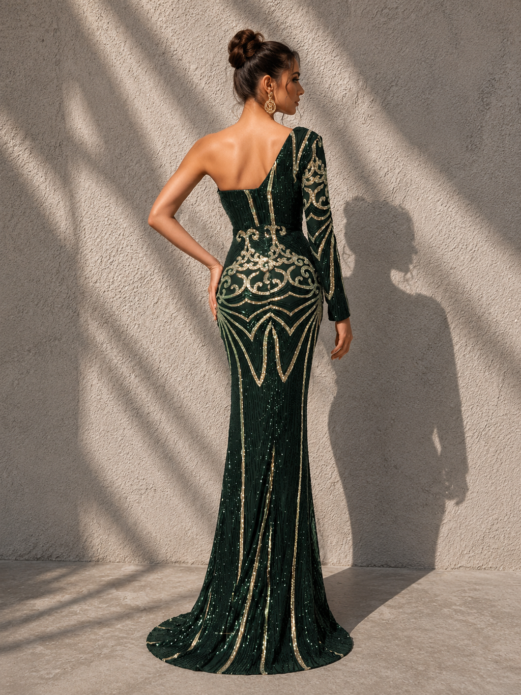 Women’s Dark Green Glamorous Sequin One Shoulder Long Sleeve Slim Maxi Dress
