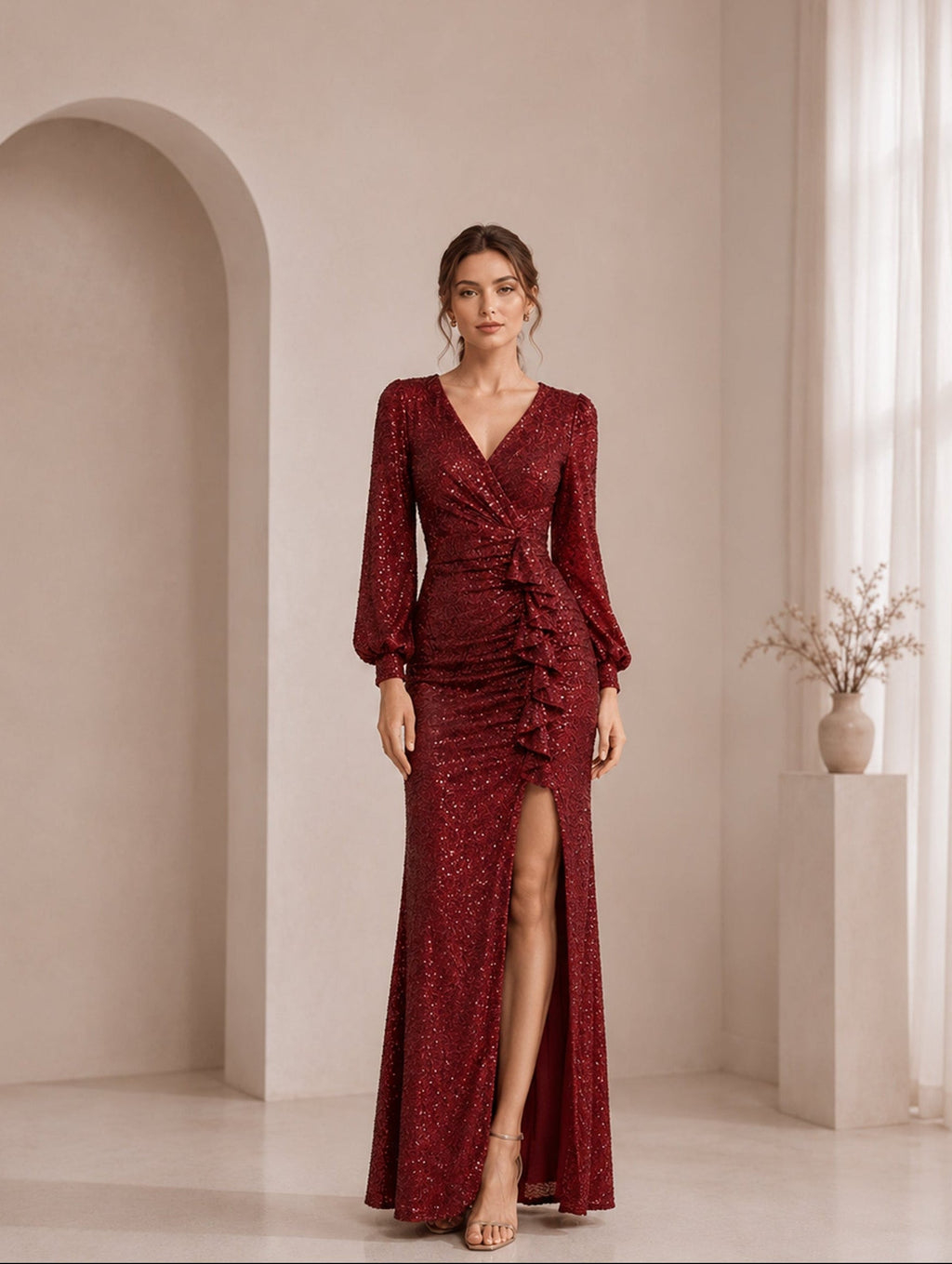 Women’s Burgundy Elegant Evening Gown Sequined Long Sleeve Fitted Ruffle Slit Maxi Dress