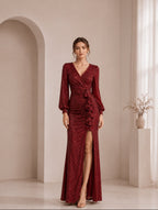 Women’s Burgundy Elegant Evening Gown Sequined Long Sleeve Fitted Ruffle Slit Maxi Dress