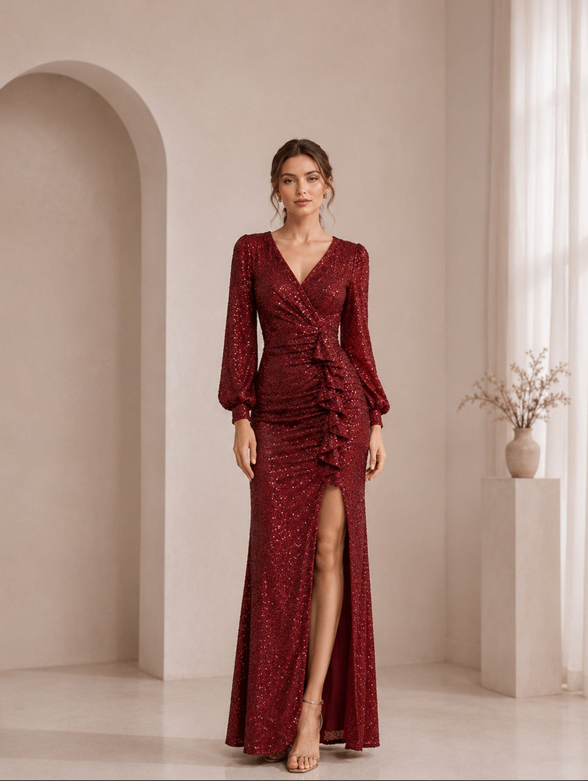 Women’s Burgundy Elegant Evening Gown Sequined Long Sleeve Fitted Ruffle Slit Maxi Dress