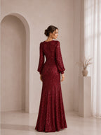 Women’s Burgundy Elegant Evening Gown Sequined Long Sleeve Fitted Ruffle Slit Maxi Dress