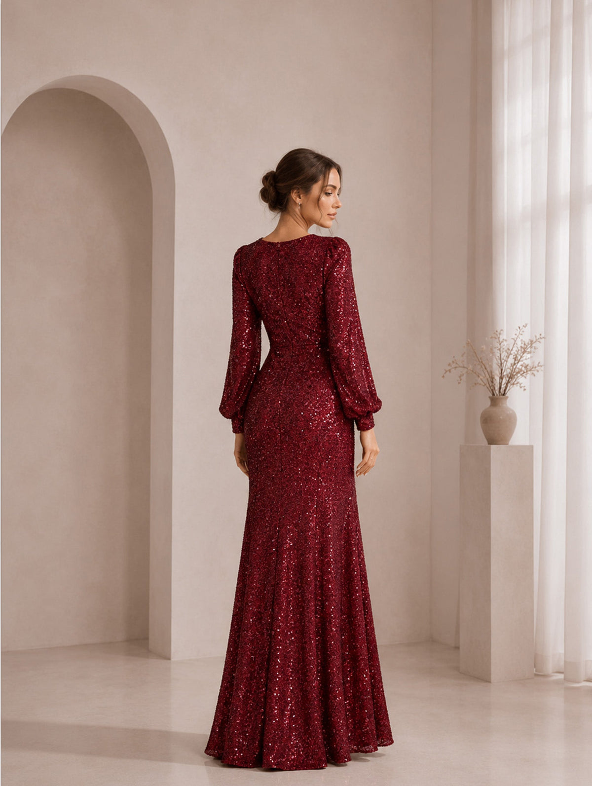 Women’s Burgundy Elegant Evening Gown Sequined Long Sleeve Fitted Ruffle Slit Maxi Dress