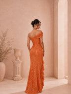 Women’s Orange Glamorous Sequin Off-Shoulder Short Sleeve Fitted Maxi Dress with Side Slit