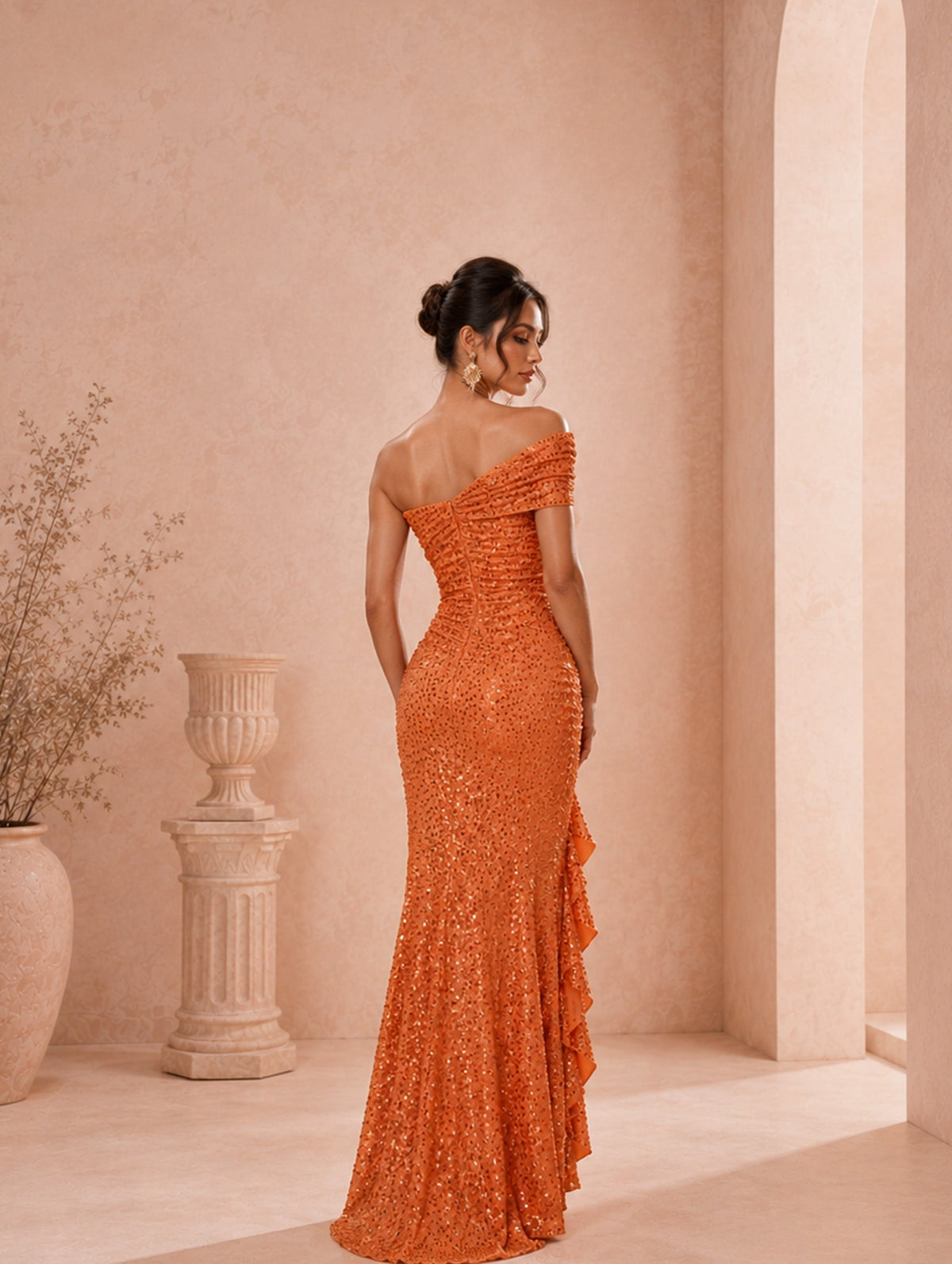 Women’s Orange Glamorous Sequin Off-Shoulder Short Sleeve Fitted Maxi Dress with Side Slit