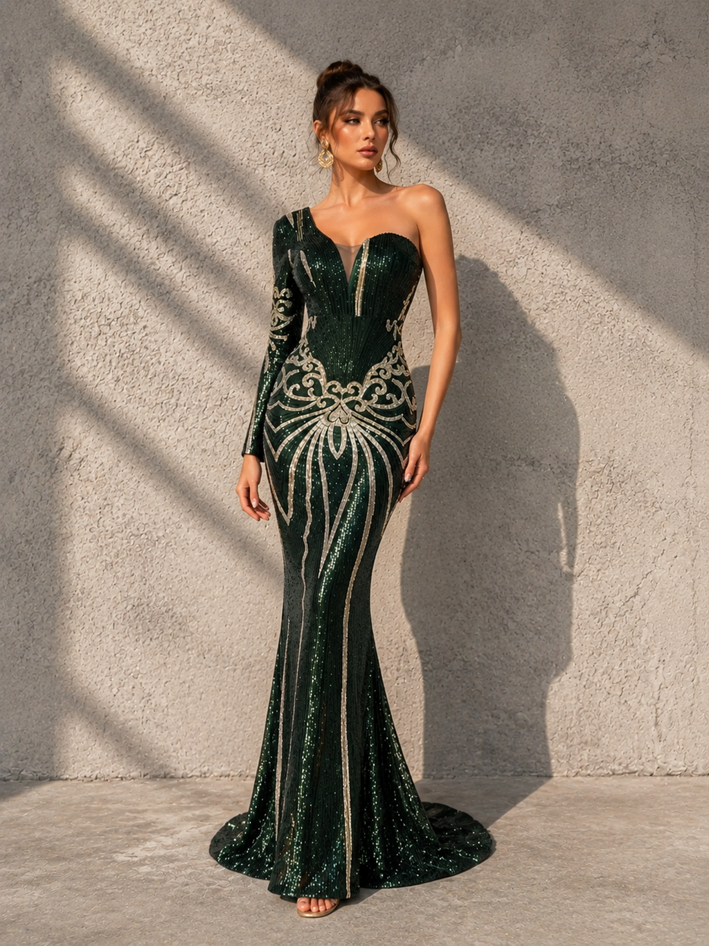 Women’s Dark Green Glamorous Sequin One Shoulder Long Sleeve Slim Maxi Dress