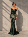 Women’s Dark Green Glamorous Sequin One Shoulder Long Sleeve Slim Maxi Dress