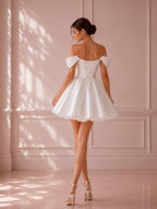 Women’s White Short Off-Shoulder Bridesmaid Mini Dress with Corset Back Detail